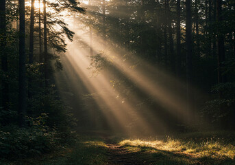 Fototapeta premium Sunbeams Illuminating a Mystical Forest Path