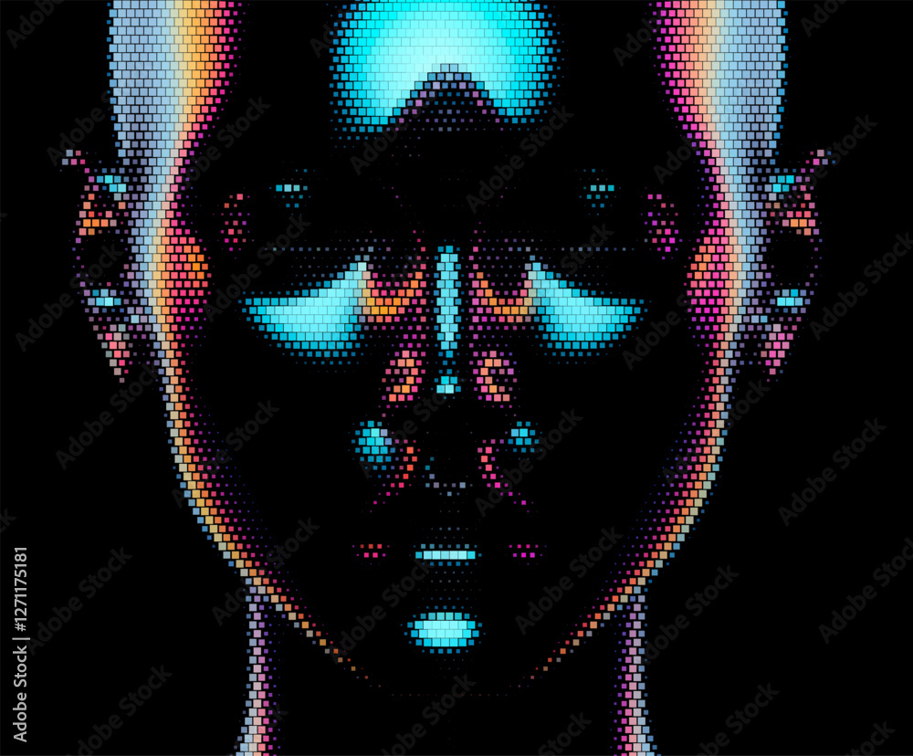 Aufkleber Futuristic vector illustration of a digital face with iridescent, pixelated textures on a black background. The design emphasizes modernity and a reflective, technological aesthetic.