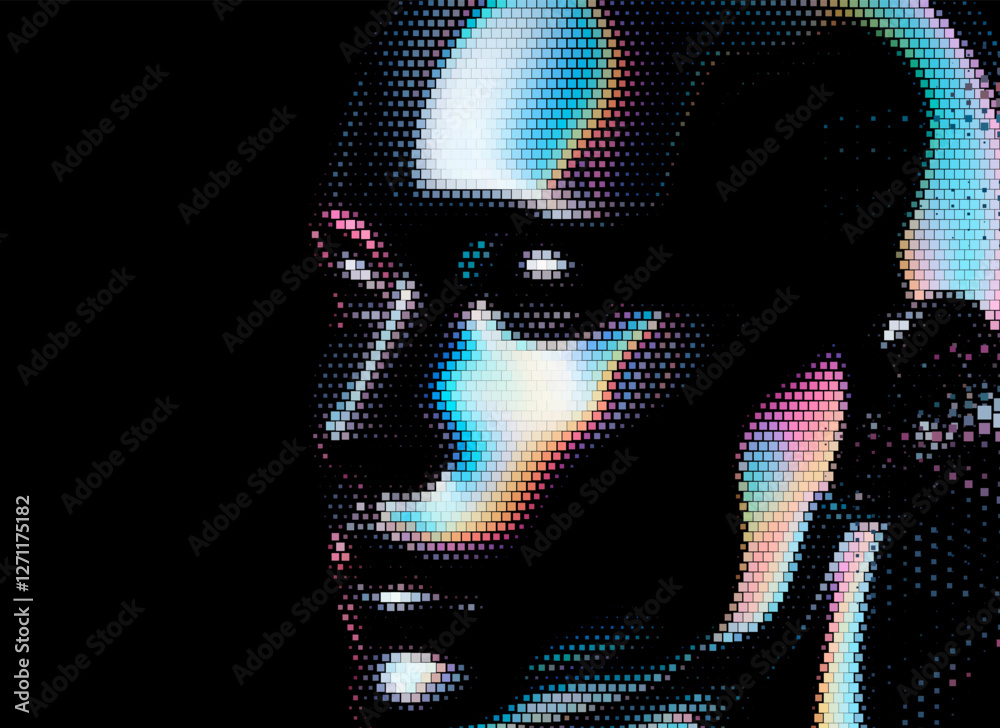 Aufkleber Futuristic vector illustration of a digital face composed of iridescent pixelated dots against a black background, creating a reflective and technological aesthetic with a modern touch.