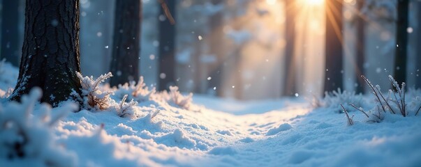 Softly falling snowflakes gently settle on the forest floor, peaceful, frosty, serene