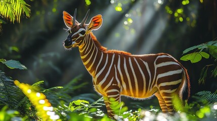 A breathtaking close-up of an okapi standing in a dense rainforest, its velvety brown coat and striped legs blending into the lush foliage.