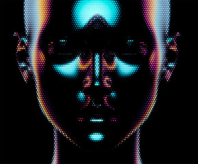 Futuristic vector illustration of a digital face with iridescent, pixelated textures on a black background. The design emphasizes modernity and a reflective, technological aesthetic.