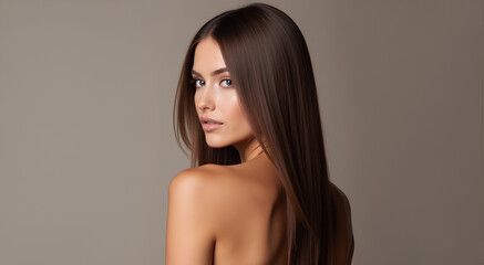 Naklejka premium Gorgeous model with sleek long shiny brown hair Keratin treatment care and spa for a sleek style