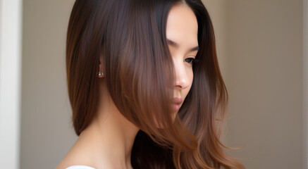 Naklejka premium Gorgeous model with sleek long shiny brown hair Keratin treatment care and spa for a sleek style
