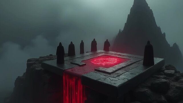Dark gothic art, profane altar, ancient stone table atop craggy peak, dark-robed figures conducting grim ceremony