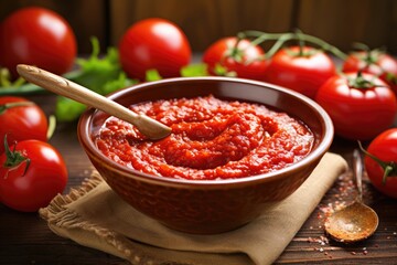 Turkish tomato paste in a bowl or spoon alongside fresh tomatoes on a wooden table a homemade healthy dish