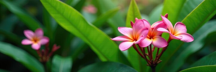 Fototapeta premium Pink Plumeria and green leaves in a lush garden, bloom, tropical plants