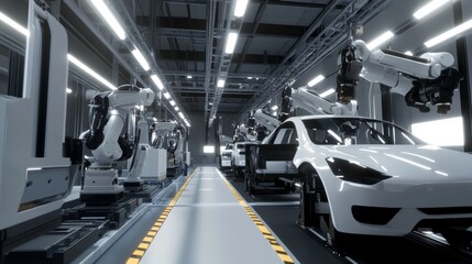 A robotics factory assembly line with industrial robots assembling a car from scratch.