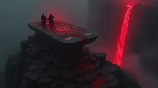 Dark gothic art, profane altar, ancient stone table atop craggy peak, dark-robed figures conducting grim ceremony