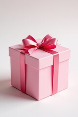 Obraz premium Pink box with ribbons and bows on white background, gift, bows