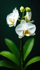 Fototapeta premium White orchid with lush green leaves and stems, plant, botanical, stems