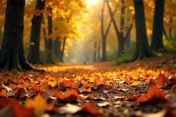 Golden hues of autumn leaves scattered on the forest floor, fall, ground
