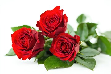 Fototapeta premium A bouquet of three red roses with green leaves on a white background