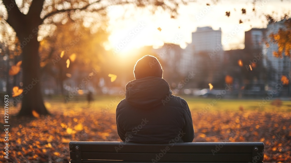 Aufkleber a serene moment captured as a person enjoys a sunset view in a park surrounded by autumn leaves : ge