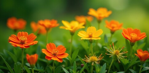 Nasturtium flowers scattered on a bed of green grass, plant, greenery