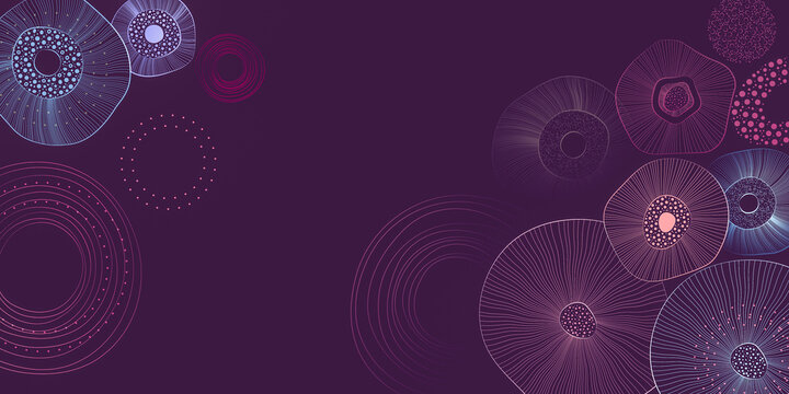 Abstract background with glowing circular patterns in deep purple and blue tones. Inspired by microscopic structures and digital art. For digital product moulding and web design.