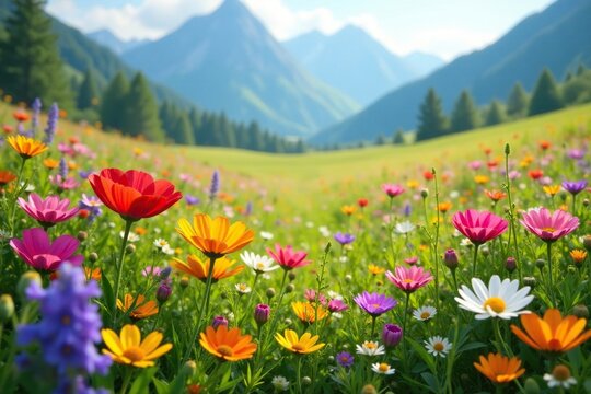 Rasengitter covered with colorful wildflowers, flowers, landscape, nature