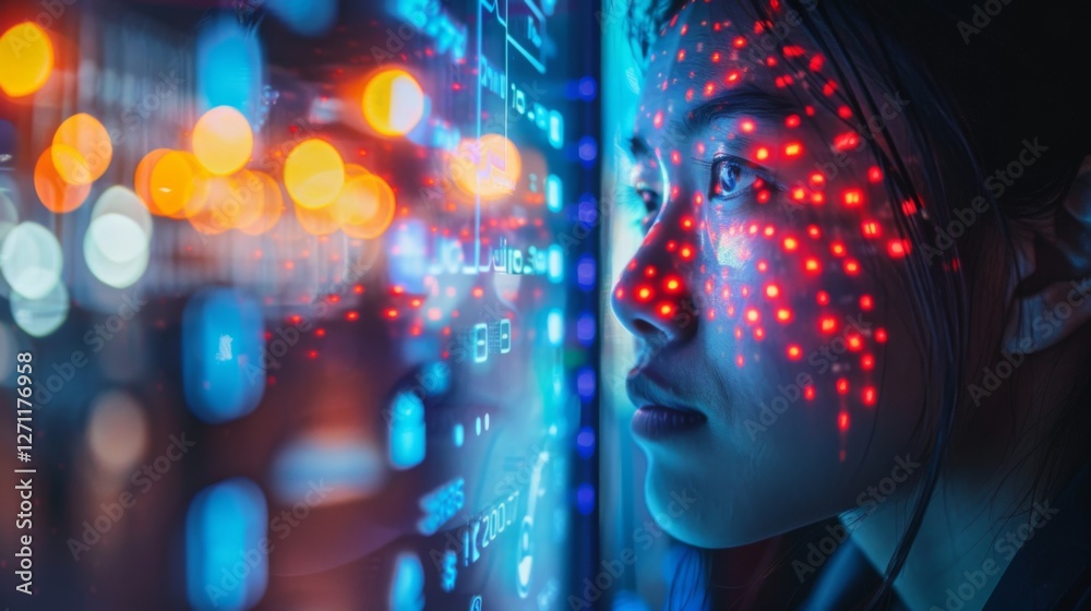 Poster a woman is gazing intently at colorful digital projections illuminating her face in a modern, high t