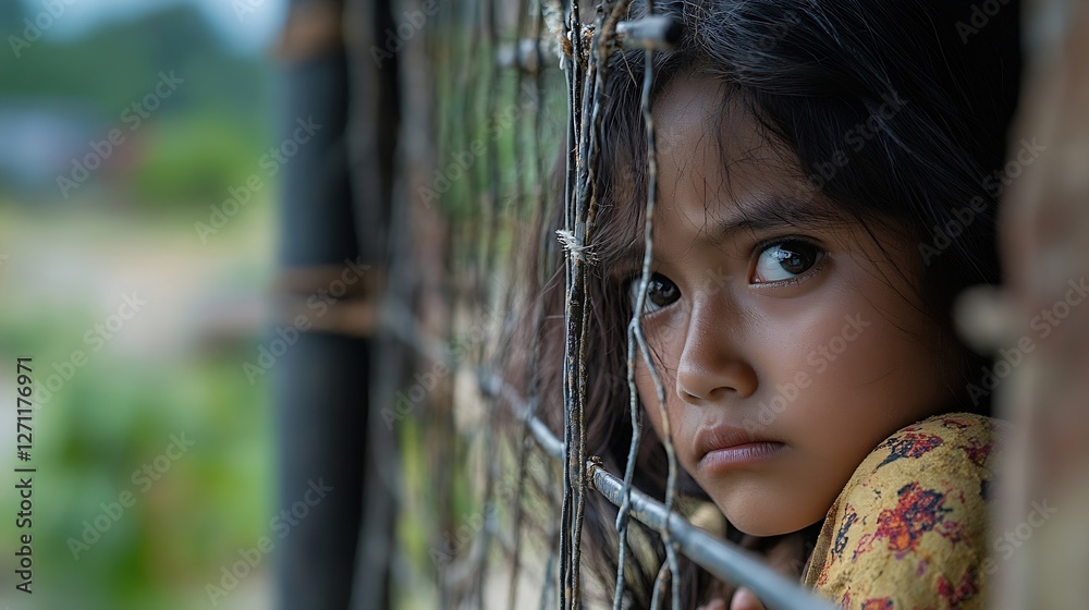 Poster concerned girl peering through a rustic fence capturing a moment of contemplation and resilience : g