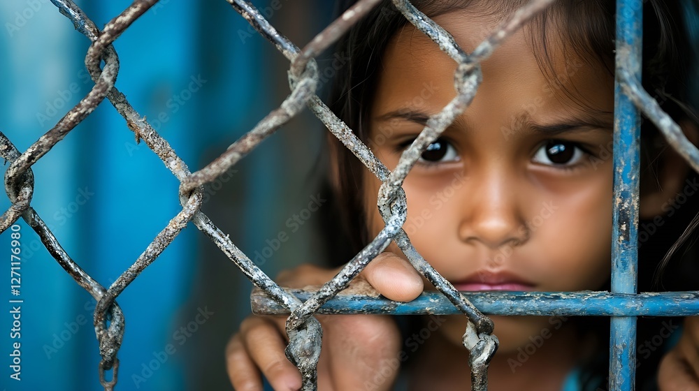 Poster thoughtful girl behind rusty bars showcasing emotion and innocence in an urban environment : generat