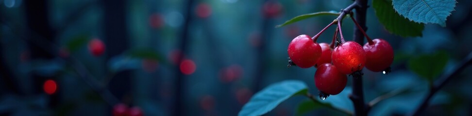 Red and blue glowing berries in a dark forest, berries, photography
