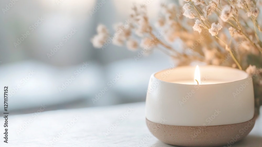Poster Elegant candle with soft flame and dried flowers creating a serene atmosphere for relaxation and mindfulness : Generative AI