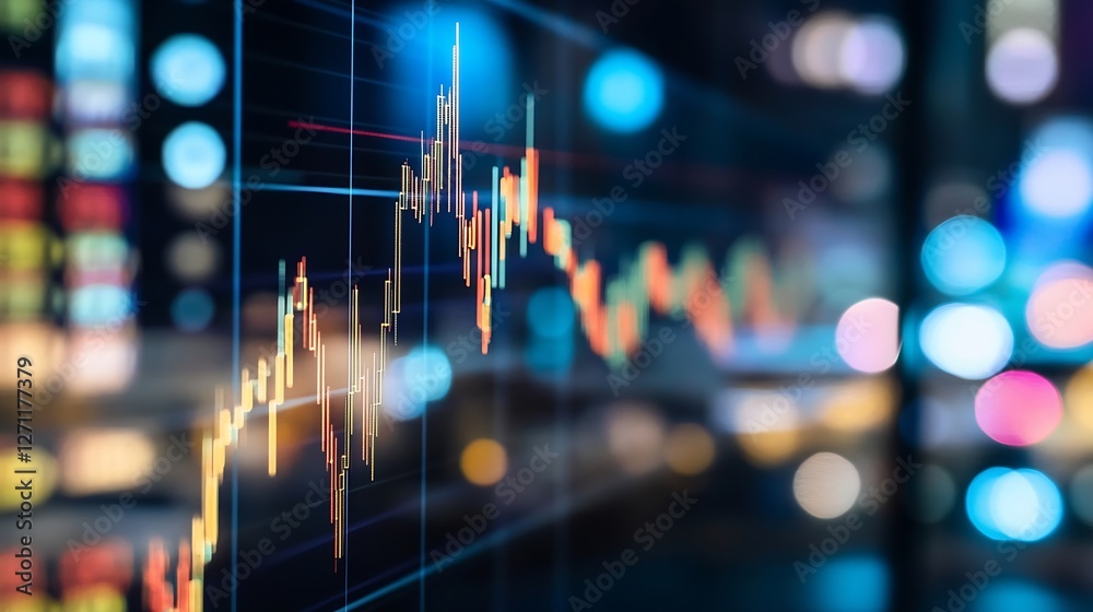 Poster dynamic financial market chart showing price trends with glowing colors representing investments : g