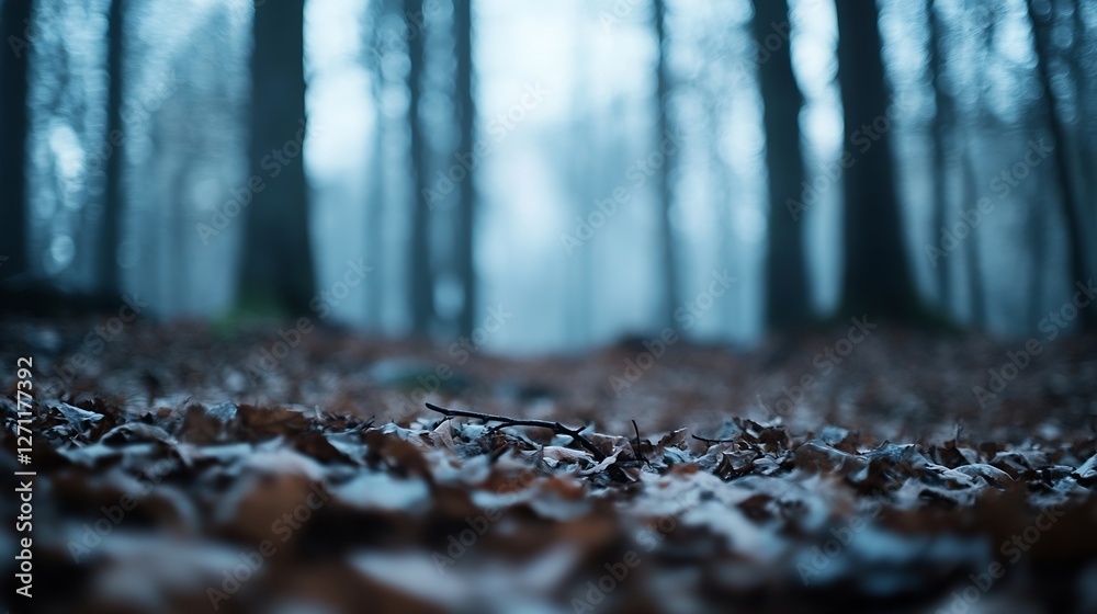 Aufkleber Mysterious fog enveloping a quiet forest with fallen leaves creating a serene atmosphere : Generative AI