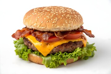 classic beef hamburger on white background with bacon, cheese, lettuce, tomato and sesame bun