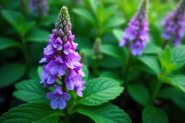 Emerald green leaves surround clusters of purple flowers, mint, nature
