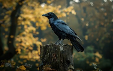 A mysterious raven standing on a weathered tree stump