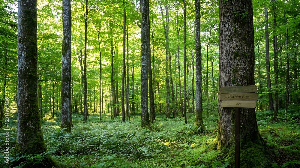 Poster peaceful green forest scene with tall trees and underbrush in natural light : generative ai