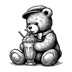 teddy bear wearing a hat and bow tie, sipping a milkshake with whipped cream and a cherry engraving generative ai sketch PNG illustration