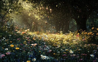 Obraz premium A peaceful meadow with wildflowers, bees pollinating plants