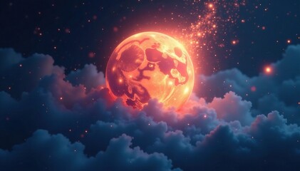 Radiant orb of light dissolves into wispy tendrils on dark canvas, hazy, nighttime