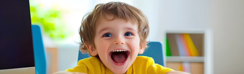 A young child wearing a yellow shirt beams with joy, displaying a wide smile while sitting at a table in a well-lit room filled with bright colors.