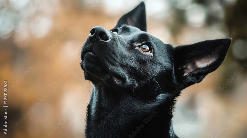 Poster Beautiful black dog looking up in a serene autumn setting with blurred background : Generative AI
