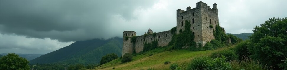 Fototapeta premium Grey clouds shroud the crumbling castle walls, vines, weathered