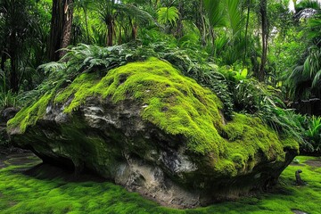 A large rock covered in moss and surrounded by trees in a dense forest