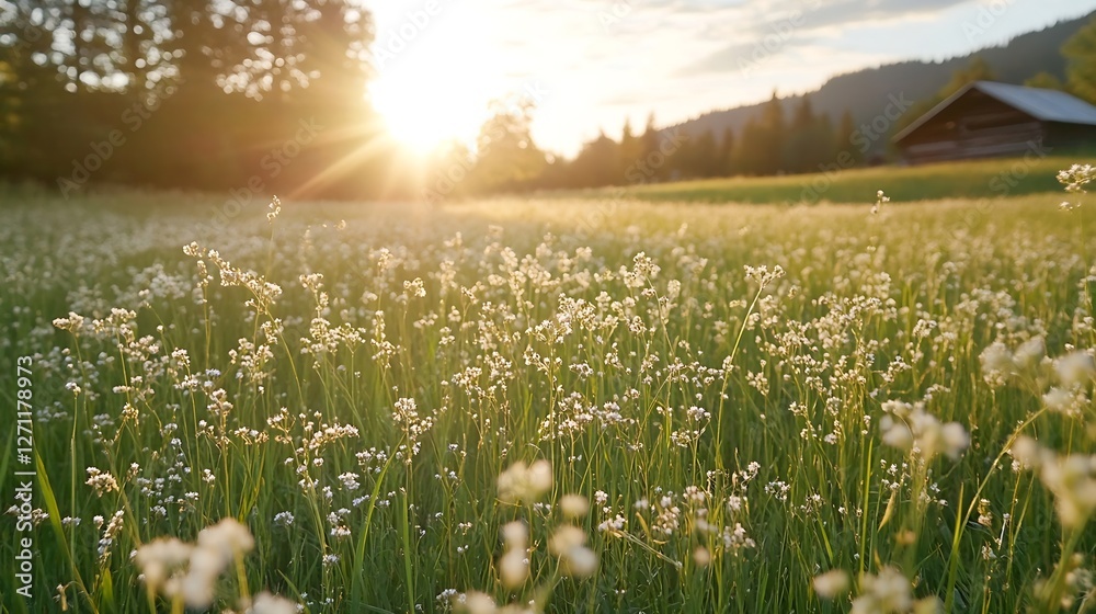 Poster sunset over a flowerfilled meadow surrounded by lush green grass and trees : generative ai