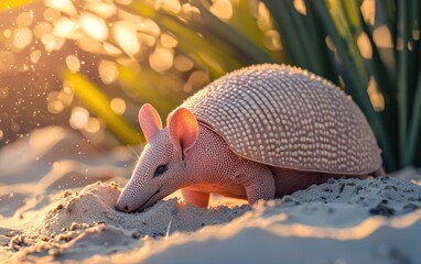 Obraz premium A pink fairy armadillo burrowing in the sand