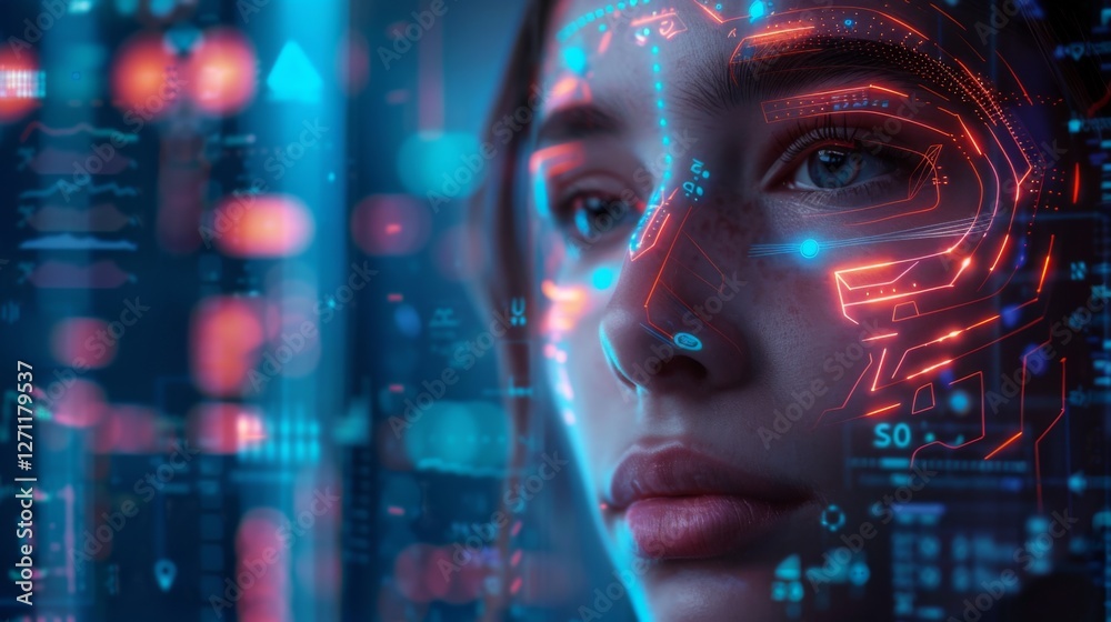 Poster a young woman with facial overlays of glowing digital patterns expresses curiosity amidst a backdrop