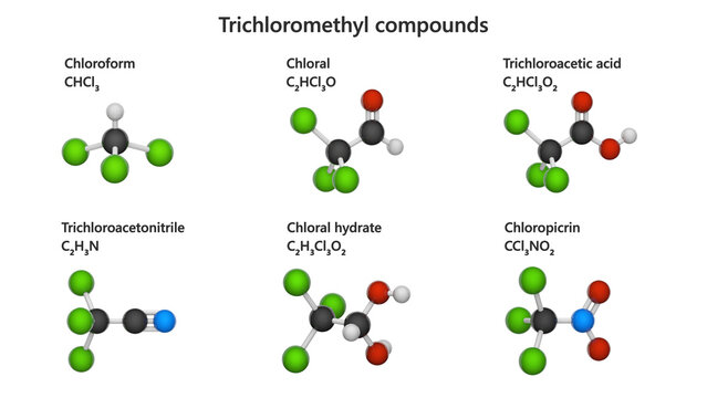 Set of Trichloromethyl compounds. Class of organic chemicals with the trichloromethyl group (&ndash;CCl3). White background. 3D illustration.
