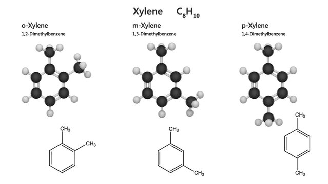 Set of Xylene or Xylol (dimethylbenzene). Class of aromatic hydrocarbons. Important industrial solvent. The ortho-, meta-, and para-isomers of xylene. White background. 3D illustration