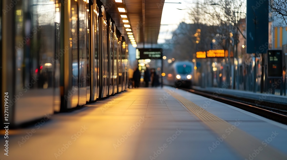 Poster urban train station platform at dusk capturing the mood of commuters : generative ai