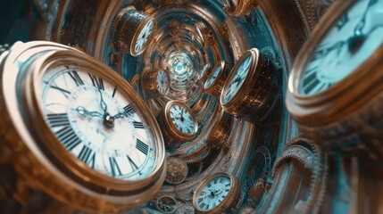 a creative representation of time travel, featuring clocks, gears, and swirling vortexes.