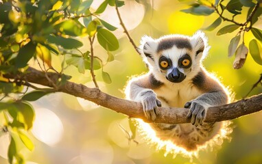 A playful lemur swinging from tree branches