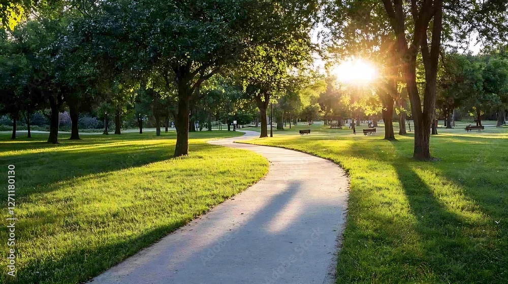 Poster serene and tranquil park pathway surrounded by lush green trees at sunset : generative ai