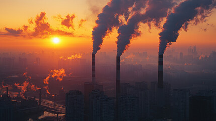 City skyline at sunset reveals pollution haze with sunlight struggling to shine through amidst industrial emissions and urban architecture