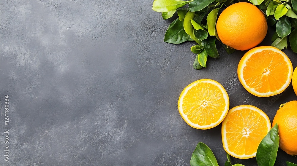 Poster fresh oranges and orange slices surrounded by vibrant green leaves on a textured stone background : 